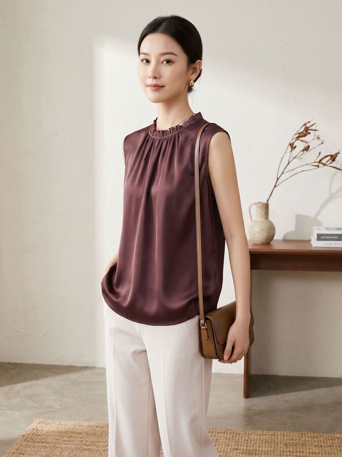 Satin Silk Ruffle Neck Sleeveless Top view 3