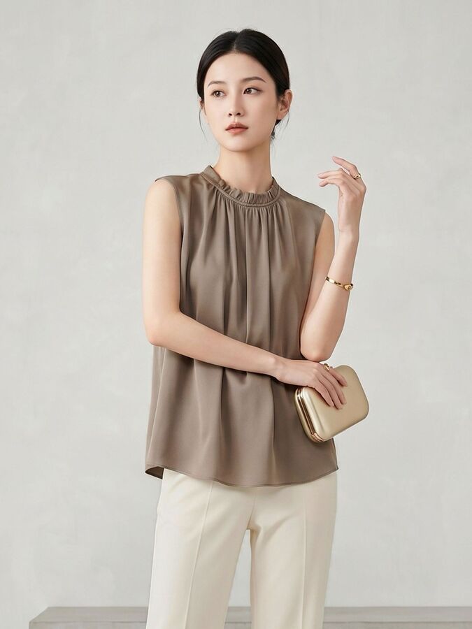 Satin Silk Ruffle Neck Sleeveless Top view 4