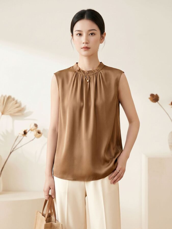 Satin Silk Ruffle Neck Sleeveless Top view 5