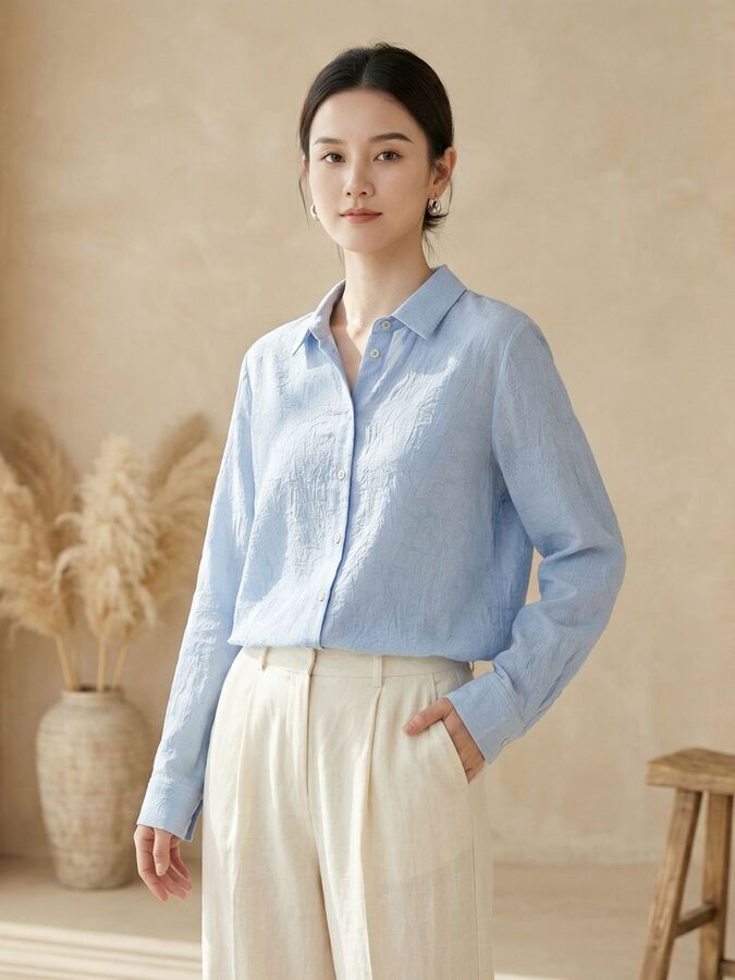 Linen Long Sleeve Shirt in Blue, White, Yellow, and Grey