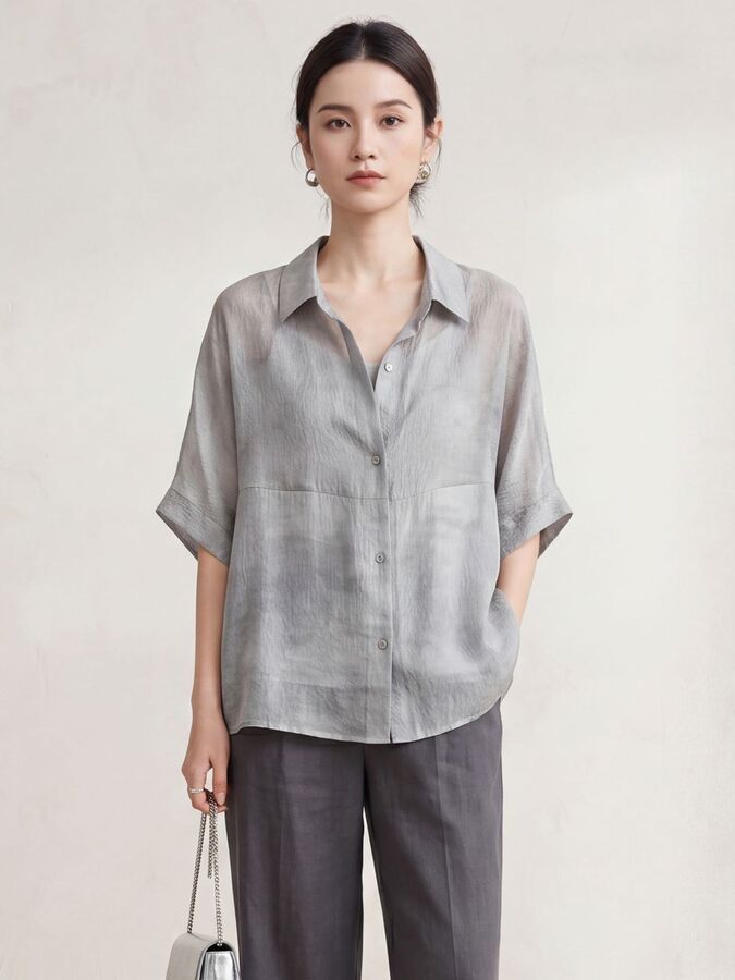 Silk three-quarter sleeve shirt in grey