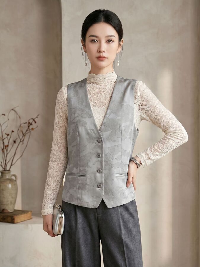 Silk Jacquard V-Neck Vest view 4