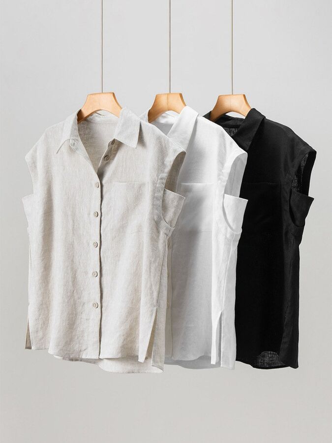 Sleeveless linen shirt in oatmeal, white, and black