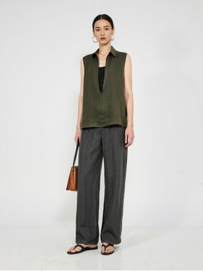 Linen V-neck vest in light grey, olive green, and black