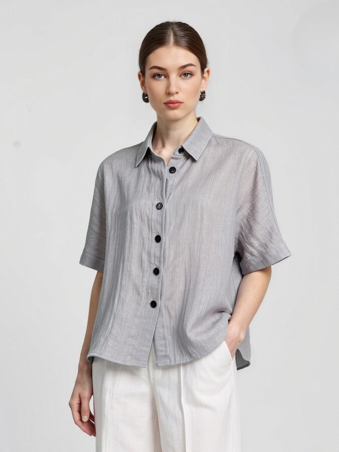 Vintage linen short sleeve shirt in peacock blue, black, and light grey