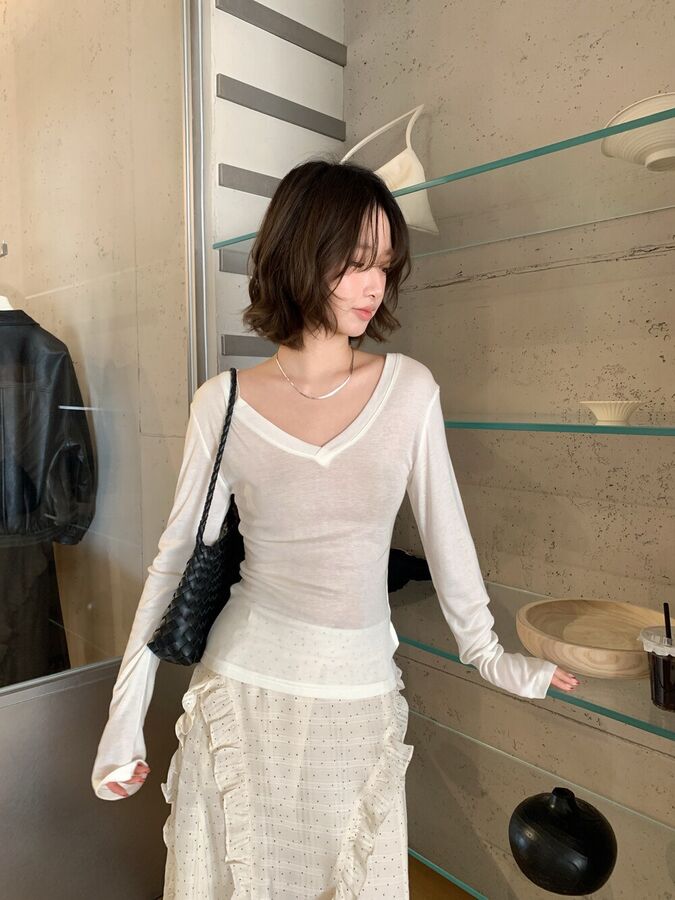 Korean V-Neck Long Sleeve T-Shirt view 2
