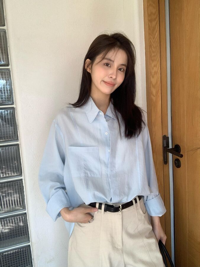 Korean Solid Collared Long Sleeve Shirt - Light Blue, Light Grey, Off-White, Corn Yellow