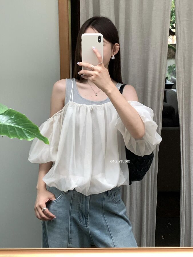 Off Shoulder Short Sleeve Blouse - Black, Orange, Gray Green, Milky Apricot