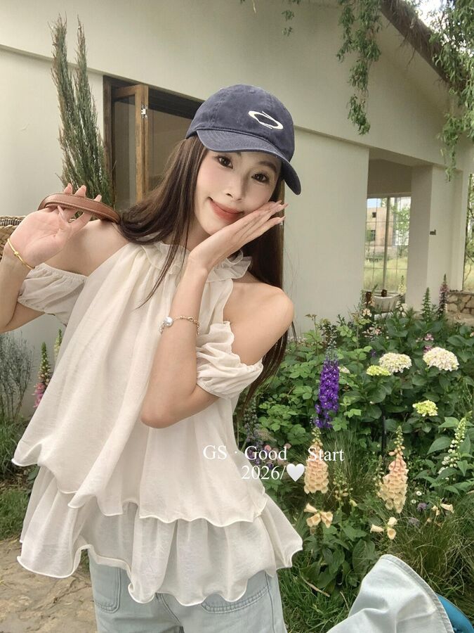 French Puff Sleeve Off Shoulder Chiffon Blouse view 2