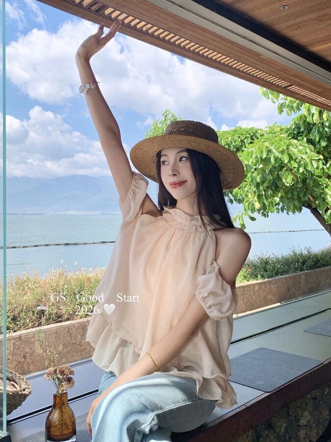 French Puff Sleeve Off Shoulder Chiffon Blouse view 3