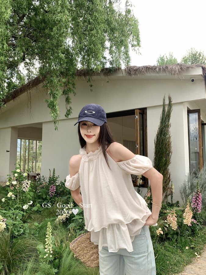 French Puff Sleeve Off Shoulder Chiffon Blouse view 4