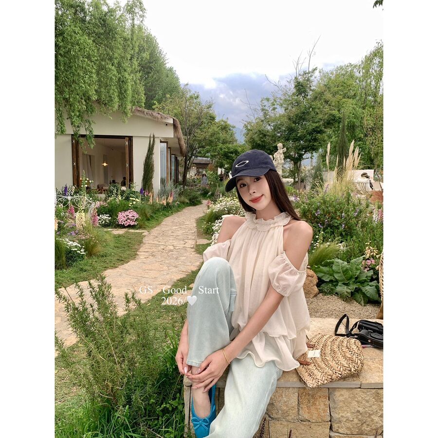 French Puff Sleeve Off Shoulder Chiffon Blouse view 6