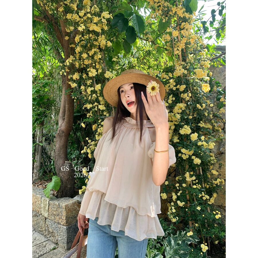 French Puff Sleeve Off Shoulder Chiffon Blouse view 7