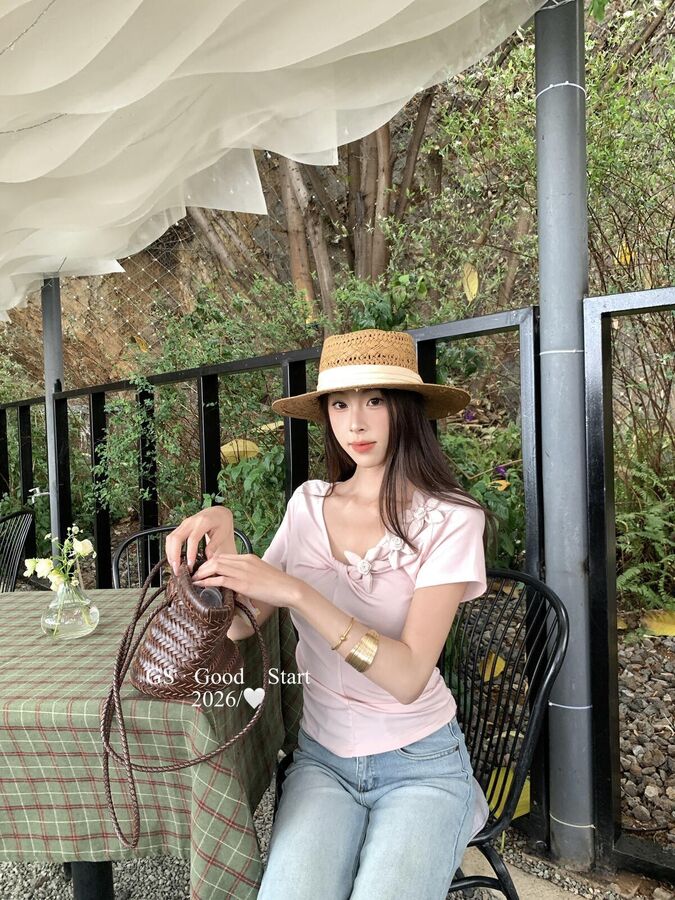 French Floral V-Neck Short Sleeve Blouse