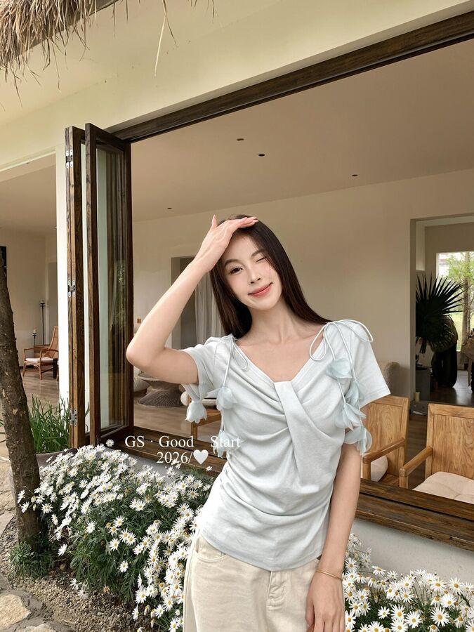 Korean Floral V-Neck Short Sleeve Blouse - Pink, Blue, Apricot, Yellow