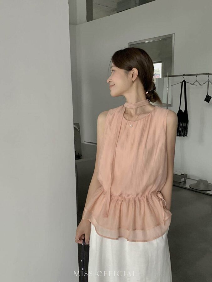 Ruched Layered Cami Top with Ribbon - Light Blue, Off-White, Grapefruit Pink, Aqua Green, Pine Gray