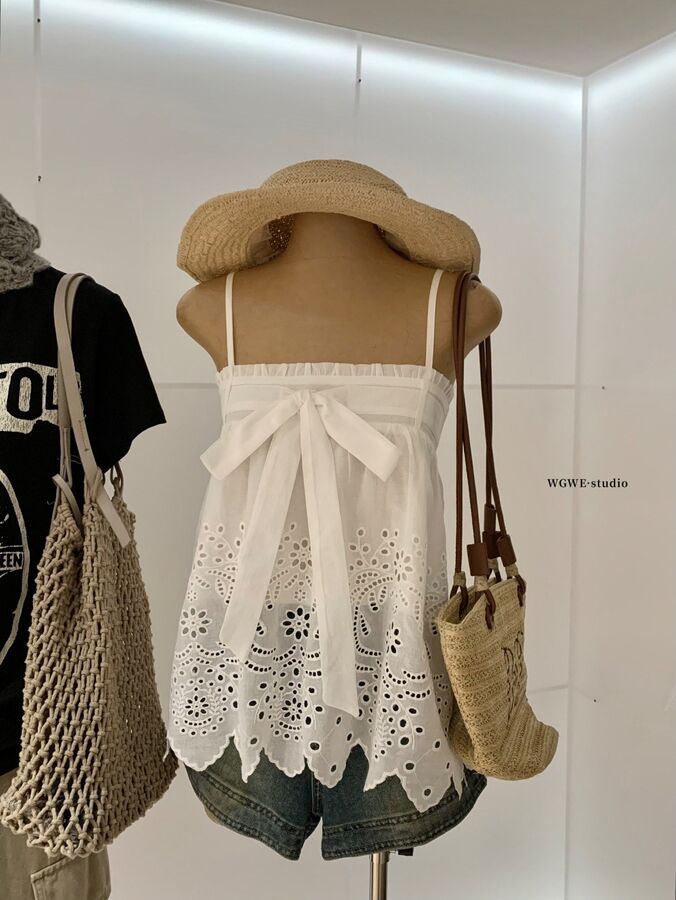 Bow openwork sleeveless cami top