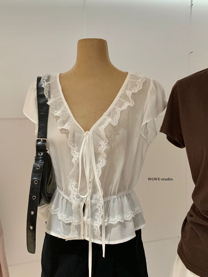 Lace Spliced V-Neck Flutter Sleeve Shirt