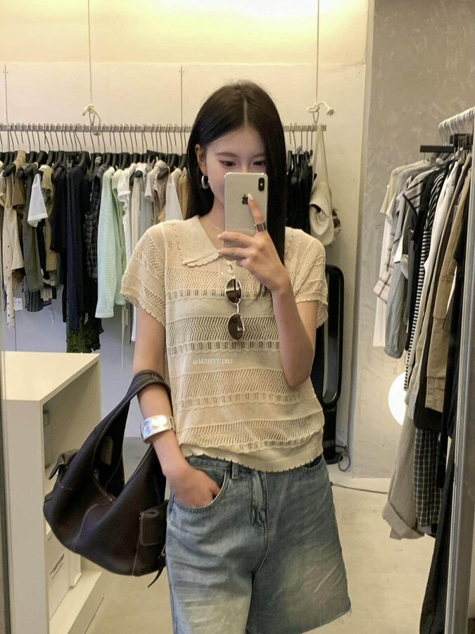 Openwork Collared Short Sleeve Knit Top