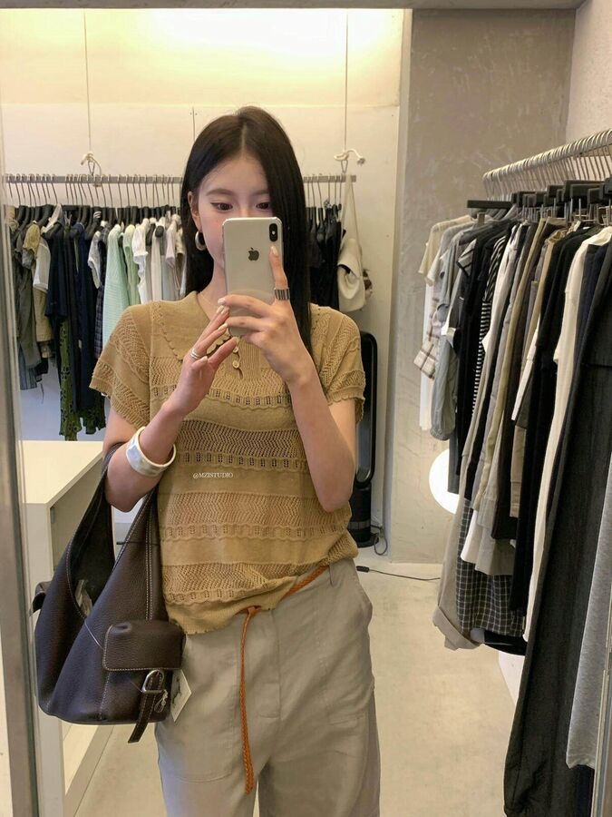 Openwork Collared Short Sleeve Knit Top view 2