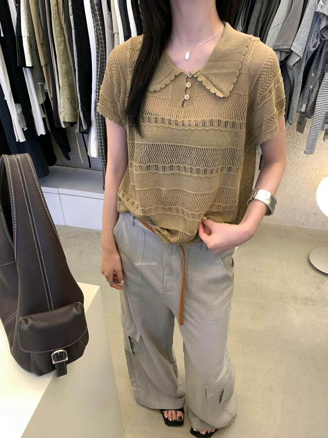 Openwork Collared Short Sleeve Knit Top view 4