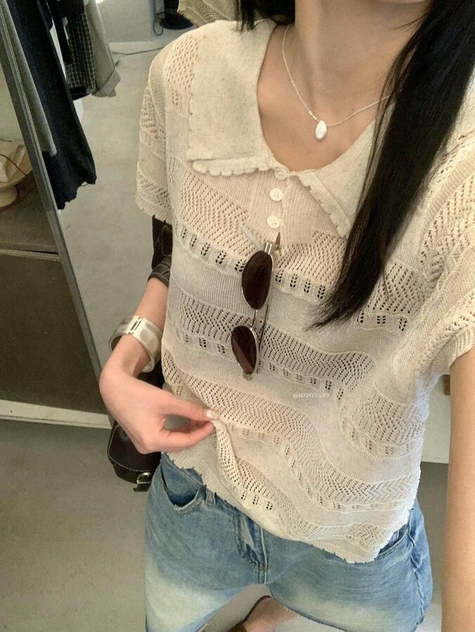 Openwork Collared Short Sleeve Knit Top view 5