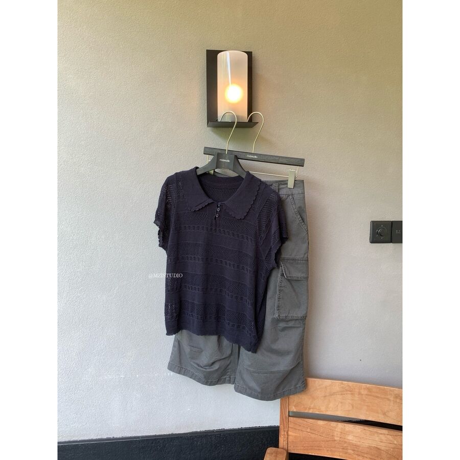 Openwork Collared Short Sleeve Knit Top view 6