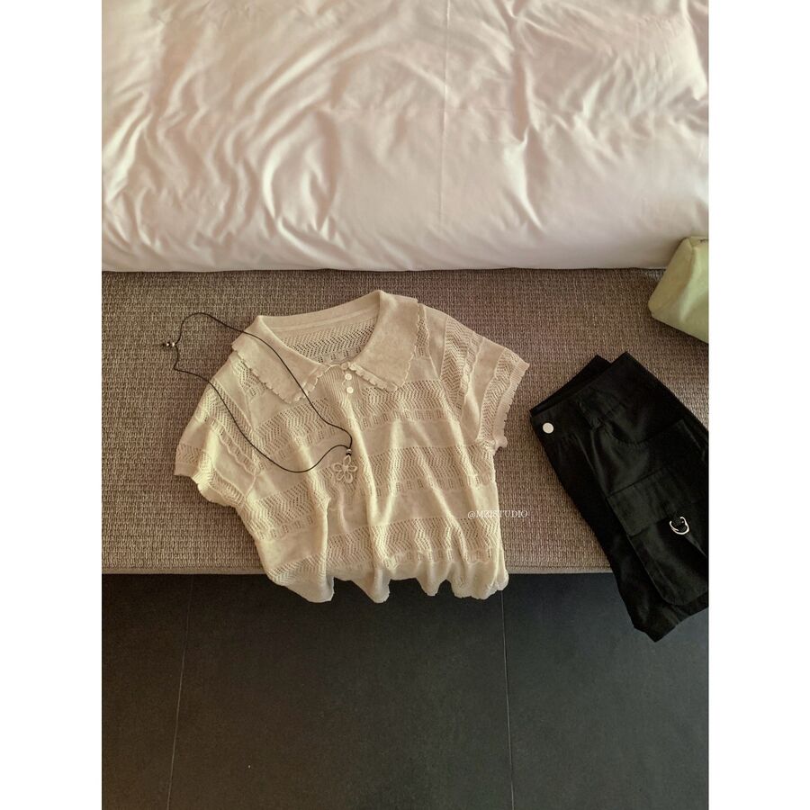 Openwork Collared Short Sleeve Knit Top view 7