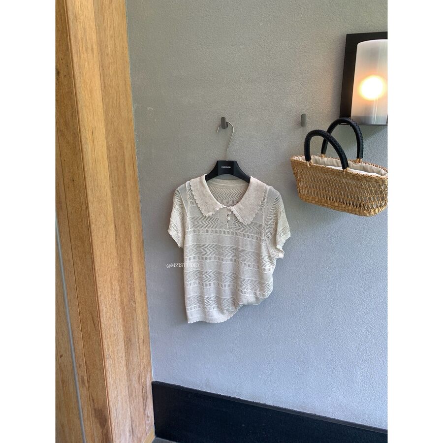 Openwork Collared Short Sleeve Knit Top view 8