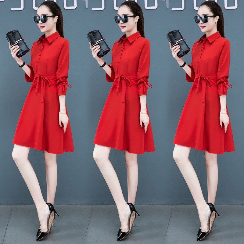 Korean red long sleeve shirt dress in yellow, red, and navy blue