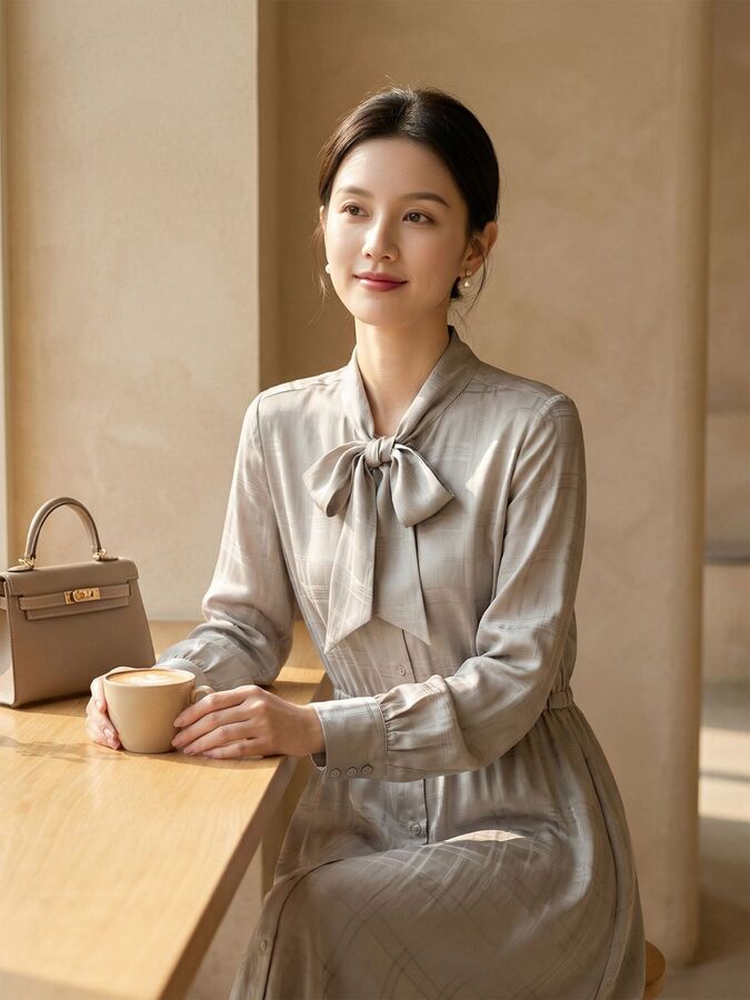 Silk Long Sleeve Bow Dress