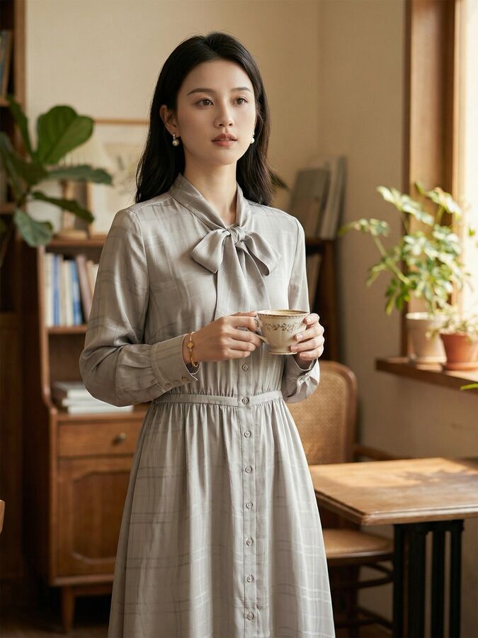 Silk Long Sleeve Bow Dress view 2