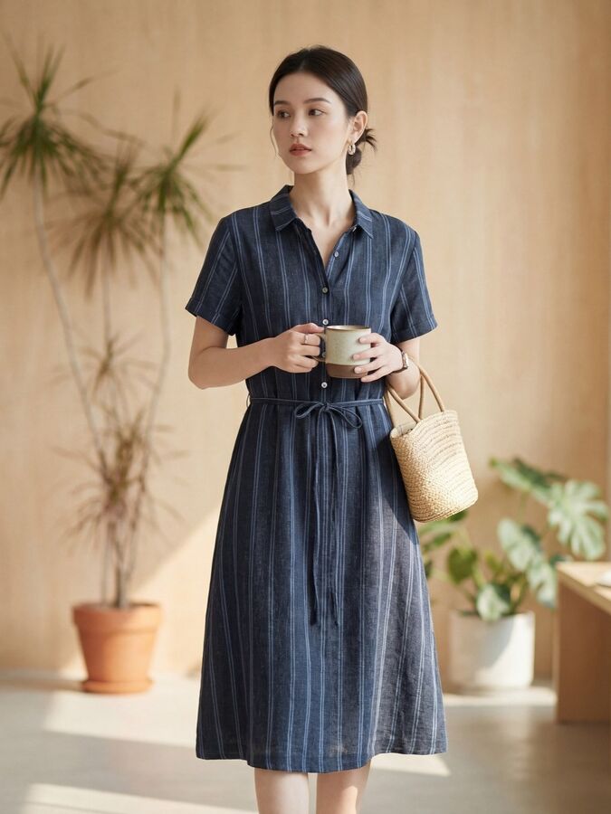 Striped Linen Short Sleeve Shirt Dress