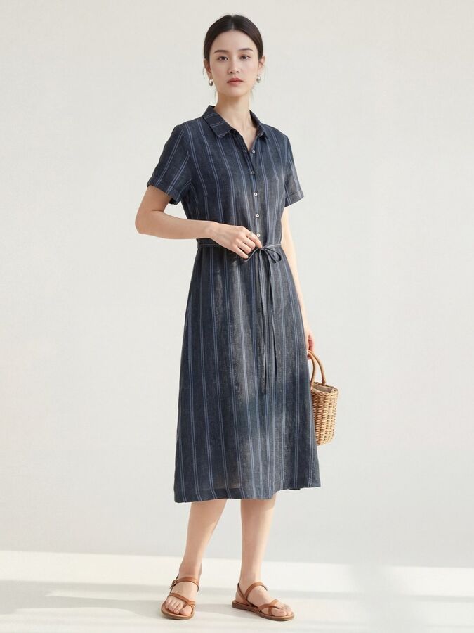 Striped Linen Short Sleeve Shirt Dress view 2