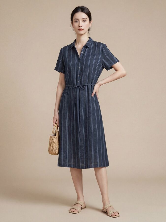 Striped Linen Short Sleeve Shirt Dress view 3