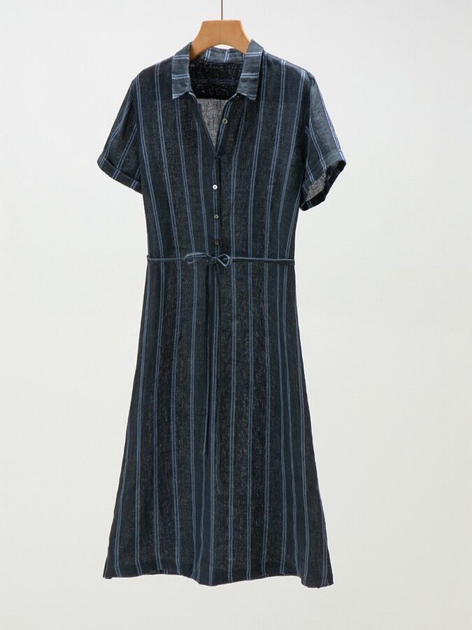 Striped Linen Short Sleeve Shirt Dress view 4