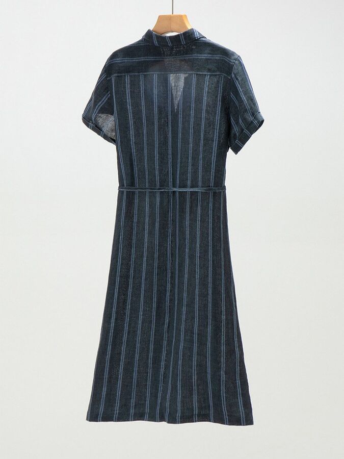 Striped Linen Short Sleeve Shirt Dress view 5
