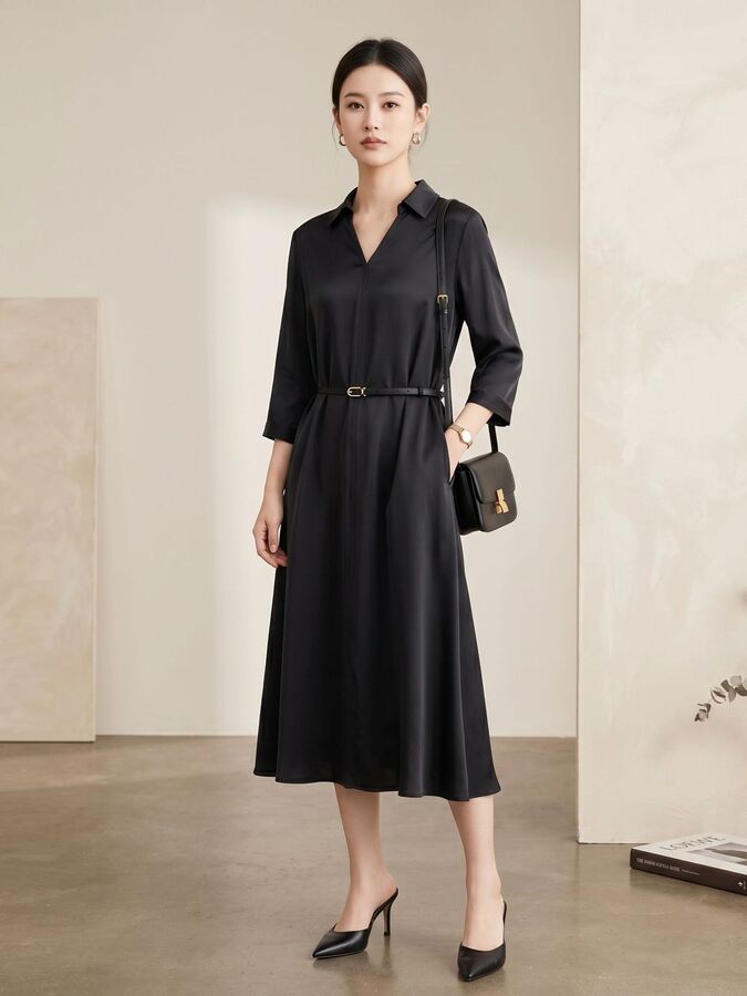 Silk Three Quarter Sleeve Shirt Dress