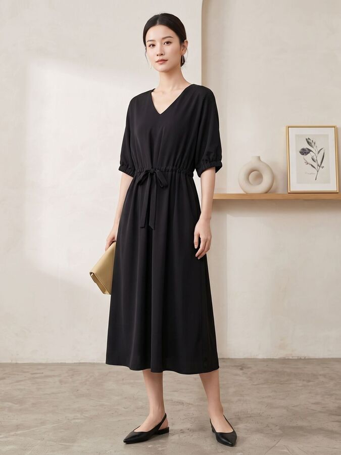 Einfarbiges Seiden-Kleid mit kurzen Ärmeln view 2