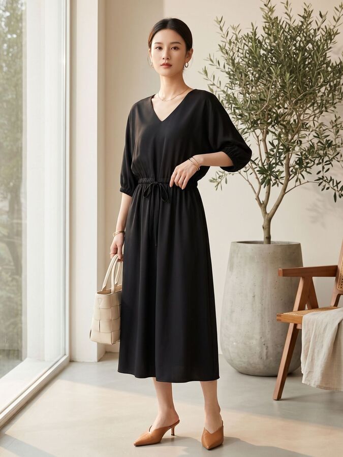 Einfarbiges Seiden-Kleid mit kurzen Ärmeln view 3
