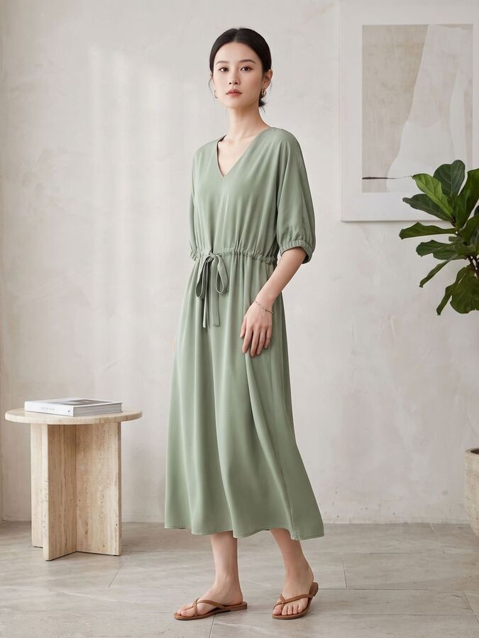 Einfarbiges Seiden-Kleid mit kurzen Ärmeln view 4