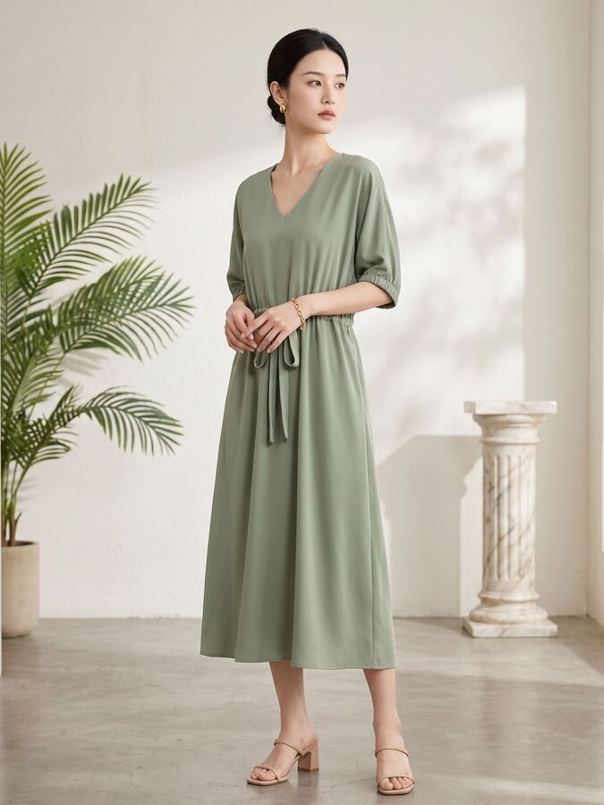 Einfarbiges Seiden-Kleid mit kurzen Ärmeln view 5