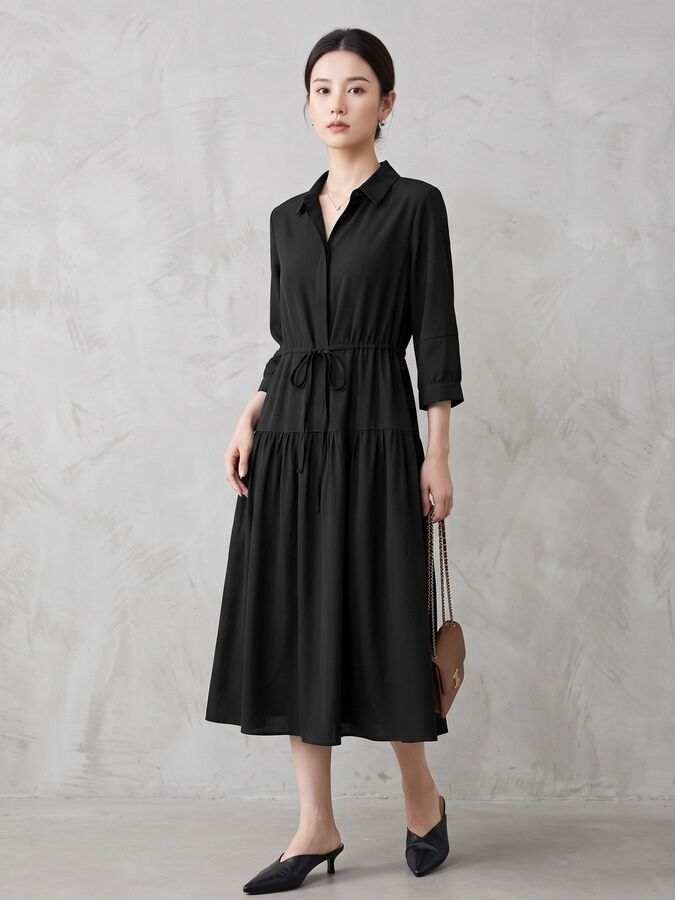 Solid Silk Three Quarter Sleeve Dress