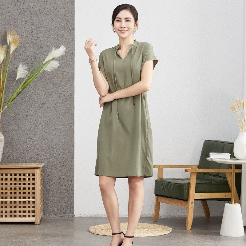 Solid Silk Short Sleeve Dress