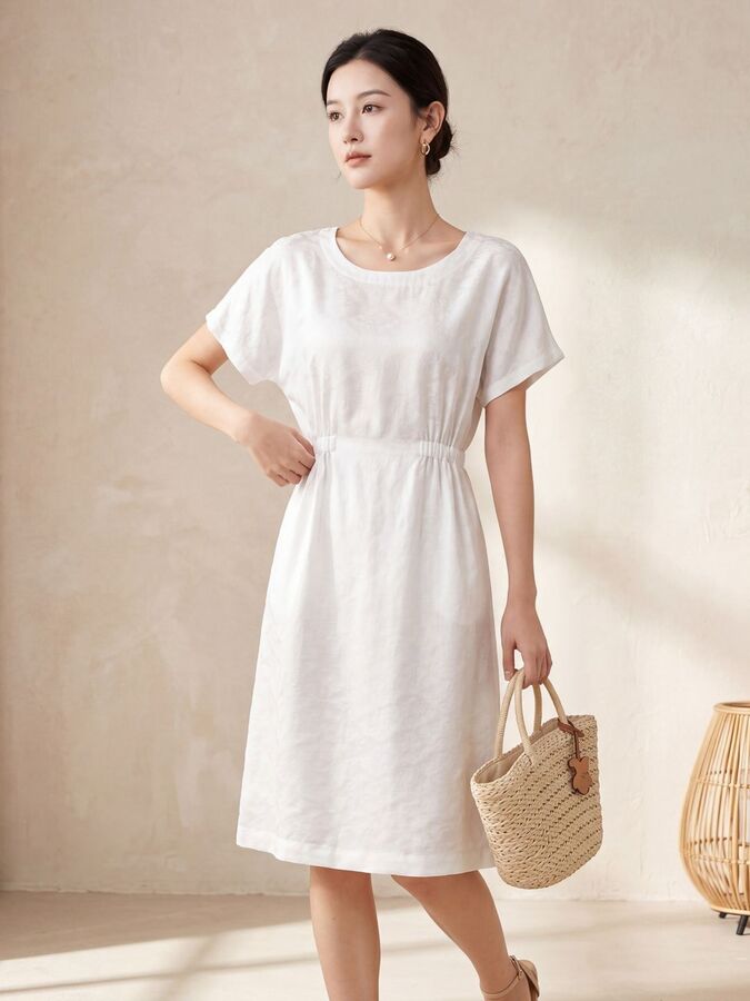 Silk Jacquard Short Sleeve White Dress