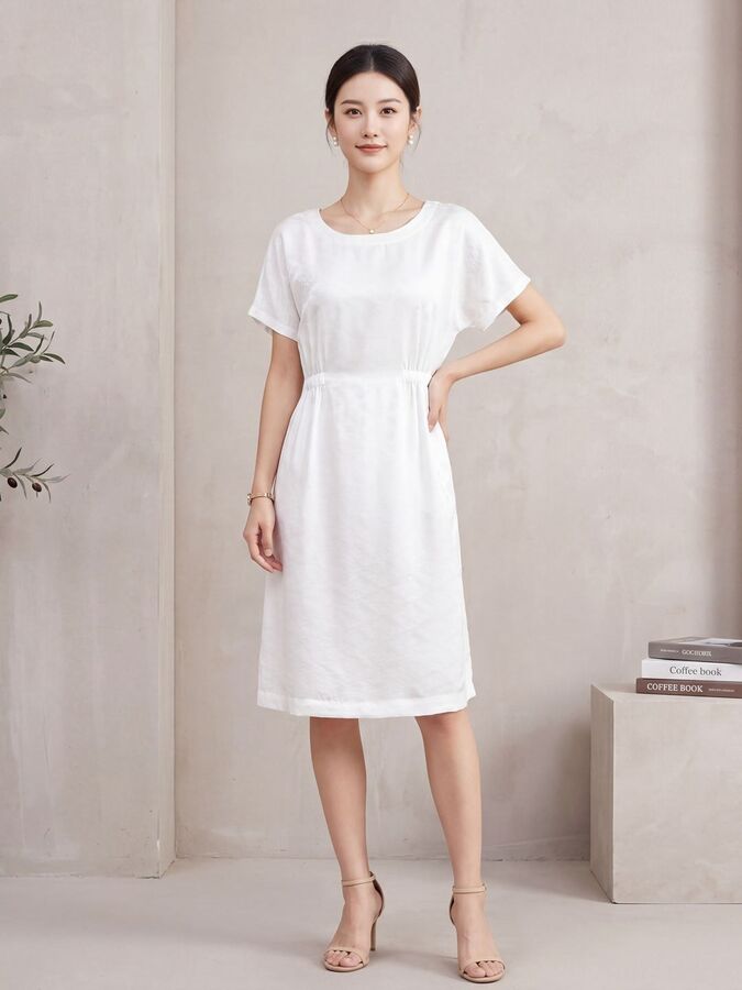 Seiden-Kleid mit Jacquard-Muster in Weiß und kurzem Arm view 2