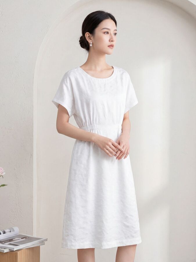Seiden-Kleid mit Jacquard-Muster in Weiß und kurzem Arm view 3