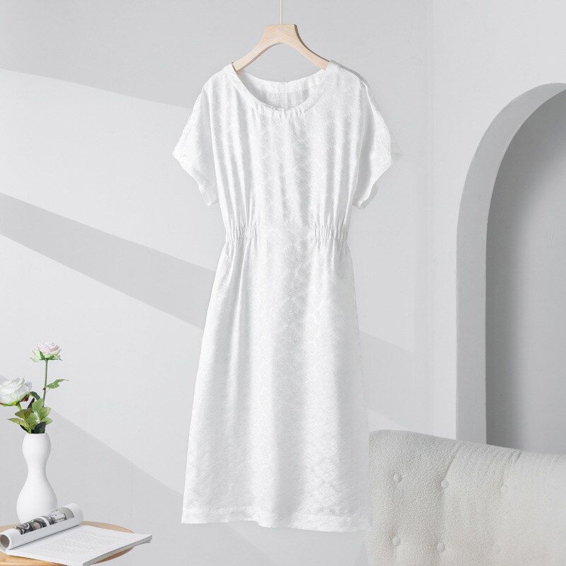 Seiden-Kleid mit Jacquard-Muster in Weiß und kurzem Arm view 6