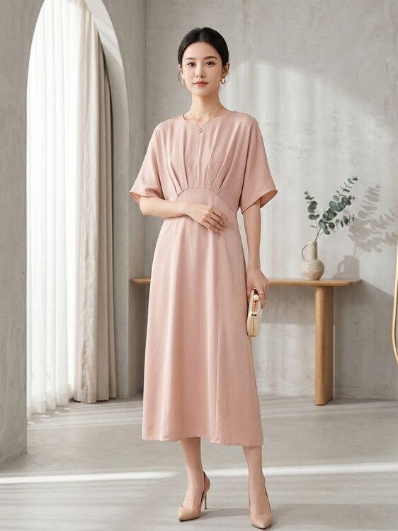 Gaun Sutra Lengan Pendek A-Line view 5