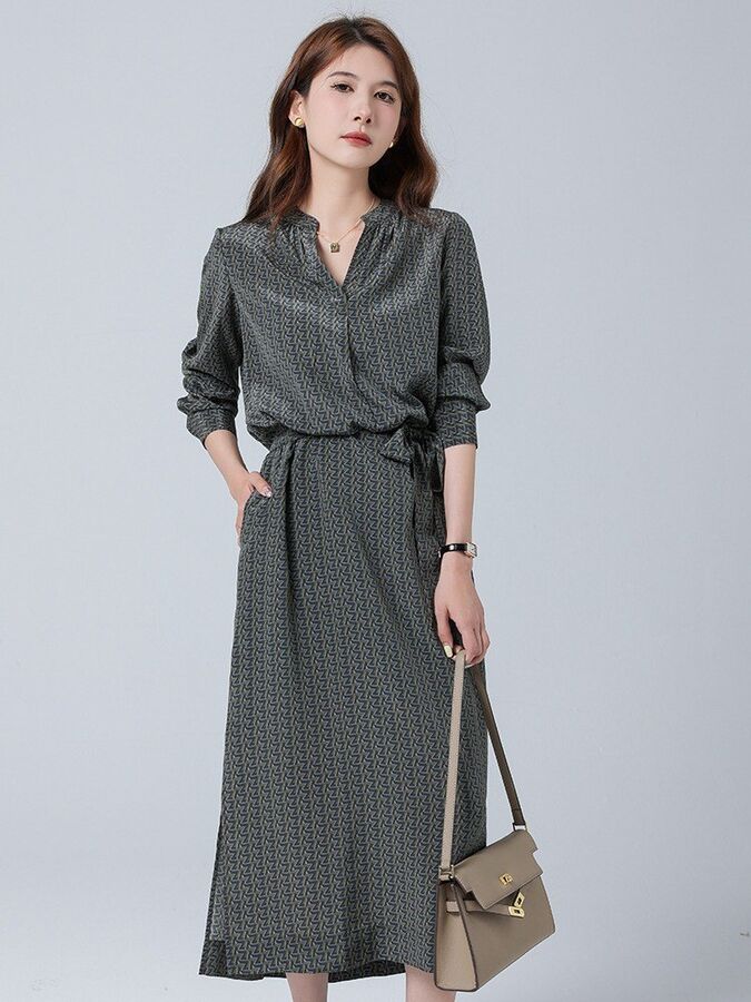 Silk Floral V-Neck Long Sleeve French Dress